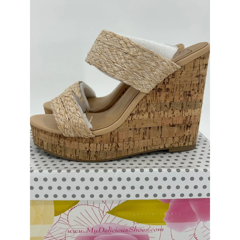 Delicious Bennett-S Womens Raffia Cork Wedge‎ Sandals Natural Tan Platform 8.5